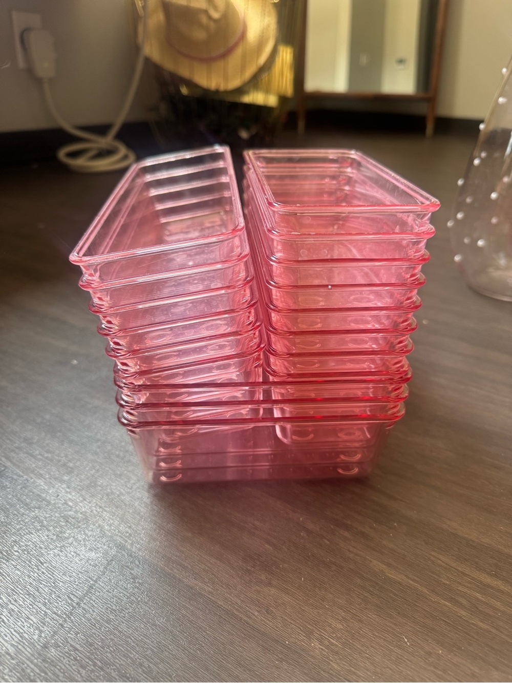 Pink Stackable Plastic Storage Bins - Set of Small Organizers, and Caddy